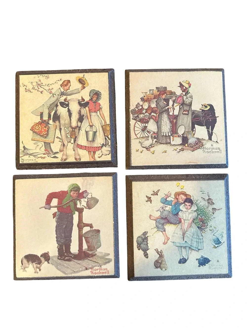 Vintage Norman Rockwell Wooden Coaster Plaques Set